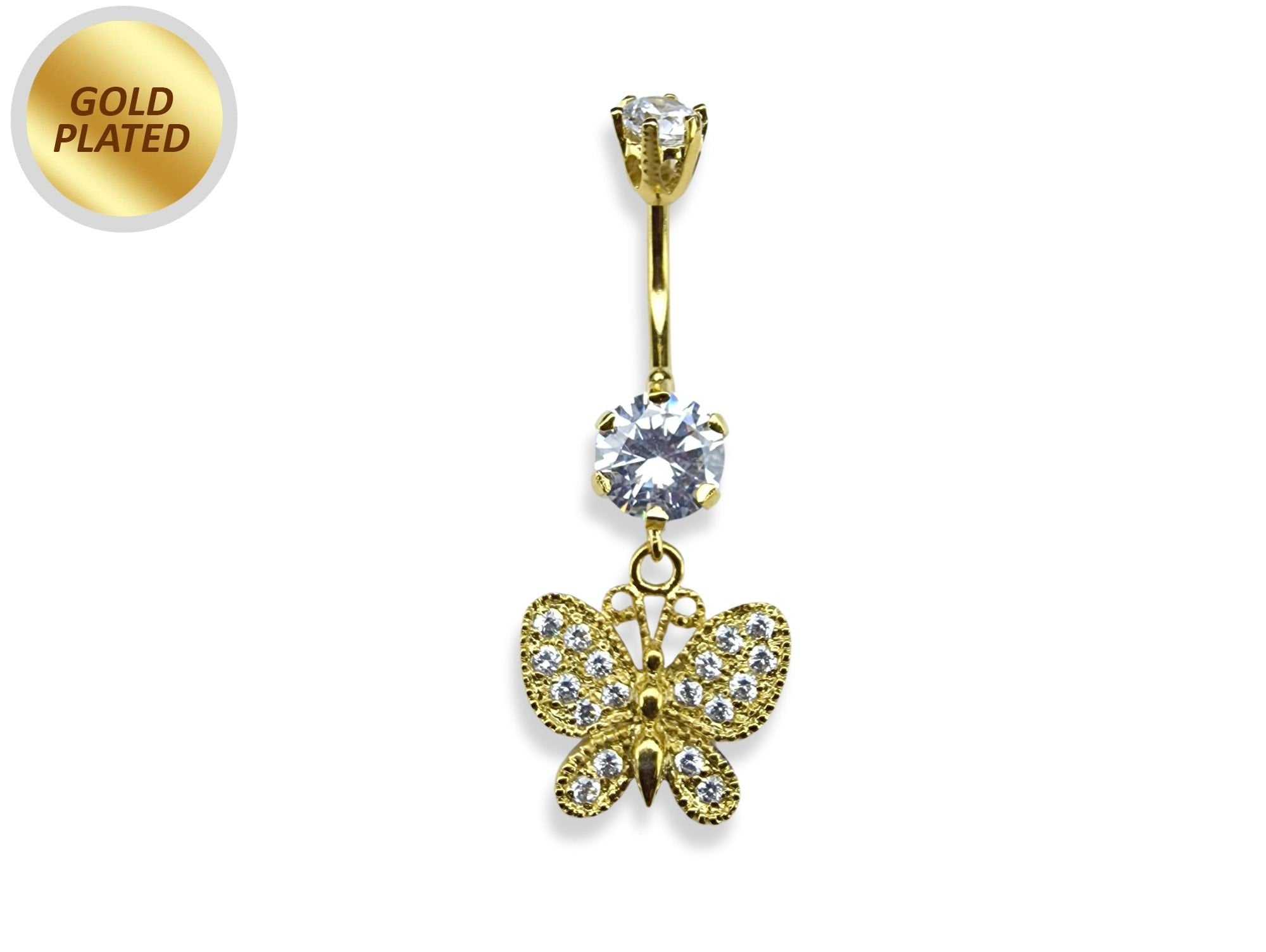 Belly Piercing, Belly Ring - Gold Plated Butterfly Dangle Belly Bar studded with CZ Crystals - 14G length is 10mm