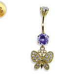 Belly Piercing, Belly Ring - Gold Plated Butterfly Dangle Belly Bar studded with CZ Crystals - 14G length is 10mm