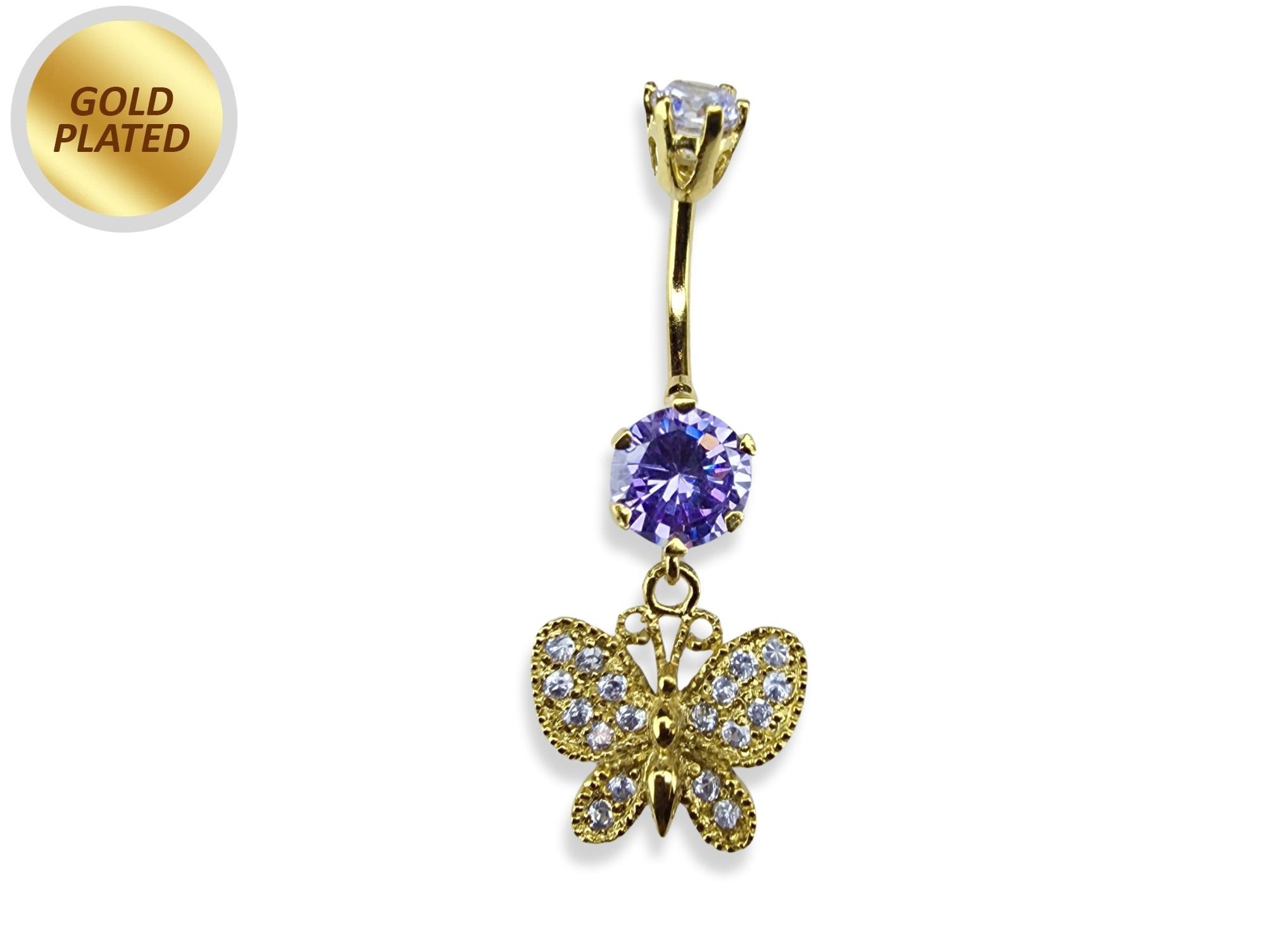 Belly Piercing, Belly Ring - Gold Plated Butterfly Dangle Belly Bar studded with CZ Crystals - 14G length is 10mm