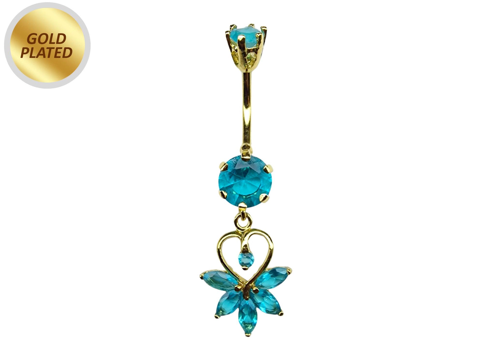 Gold Plated Belly Button Ring - Unique Design Dangly Silver Belly Bar with CZ Crystals - 14G Length is 10mm