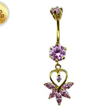 Gold Plated Belly Button Ring - Unique Design Dangly Silver Belly Bar with CZ Crystals - 14G Length is 10mm