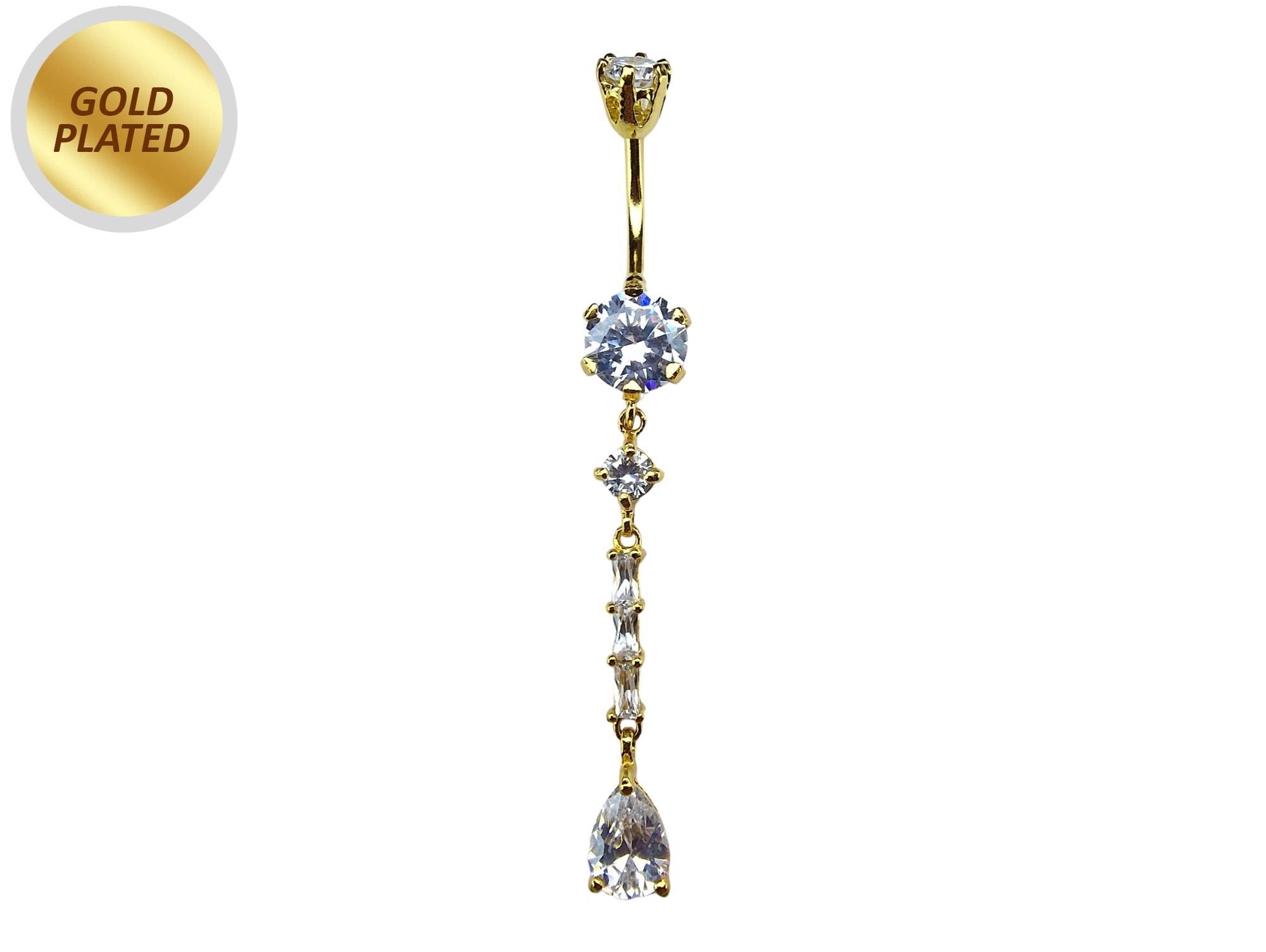 Long Dangly Belly Button Ring, Round Silver Belly Bar with Crystal Hand Set - Gold Plated Belly Piercing - 14G length is 10mm