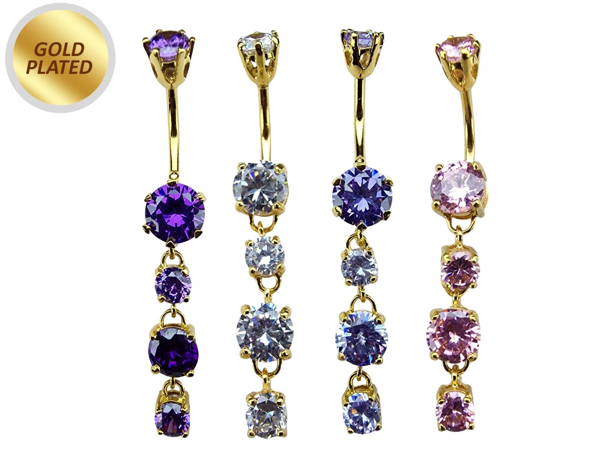 Gold Plated Round Dangle Belly Ring with CZ Crystals - Silver Belly Bars 14G length is 10mm