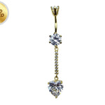 Long Belly Button Ring, Dangle Heart Belly Bar with Crystal Hand Set - Gold Plated Silver Belly Piercing - 14G length is 10mm