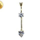 Long Belly Button Ring, Dangle Heart Belly Bar with Crystal Hand Set - Gold Plated Silver Belly Piercing - 14G length is 10mm