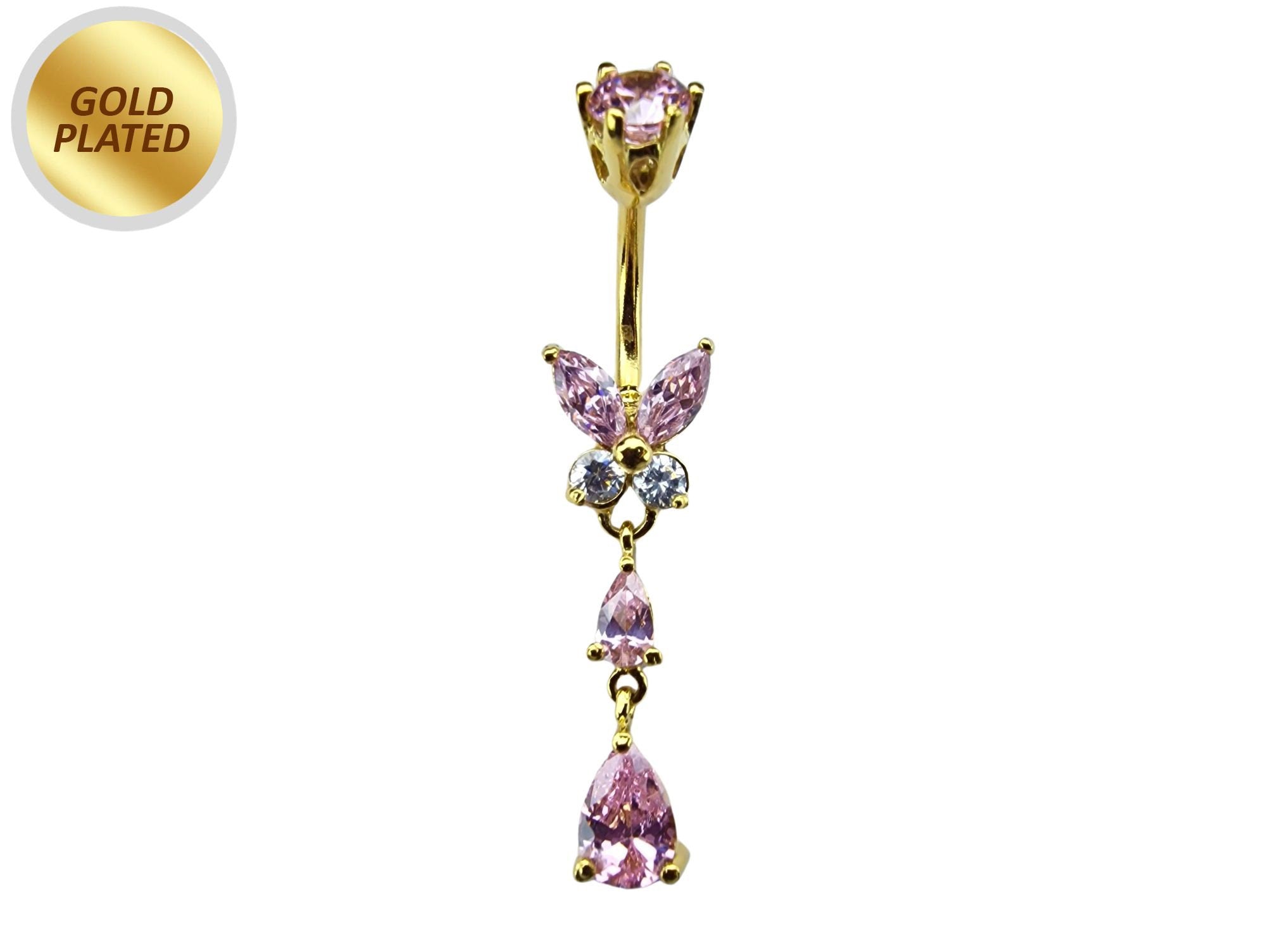 Butterfly Drop Silver Belly Ring - Gold Plated Belly Bars with CZ Crystals - Tear Drop Navel Piercing 14G length is 10mm