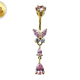 Butterfly Drop Silver Belly Ring - Gold Plated Belly Bars with CZ Crystals - Tear Drop Navel Piercing 14G length is 10mm