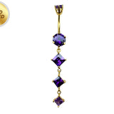 Diamond Shape Dangle Belly Ring - Silver Gold Plated Belly Bar with Crystals - 14G length is 10mm