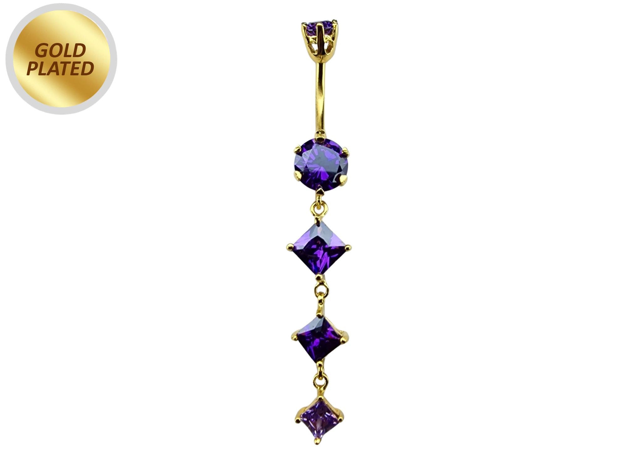 Diamond Shape Dangle Belly Ring - Silver Gold Plated Belly Bar with Crystals - 14G length is 10mm