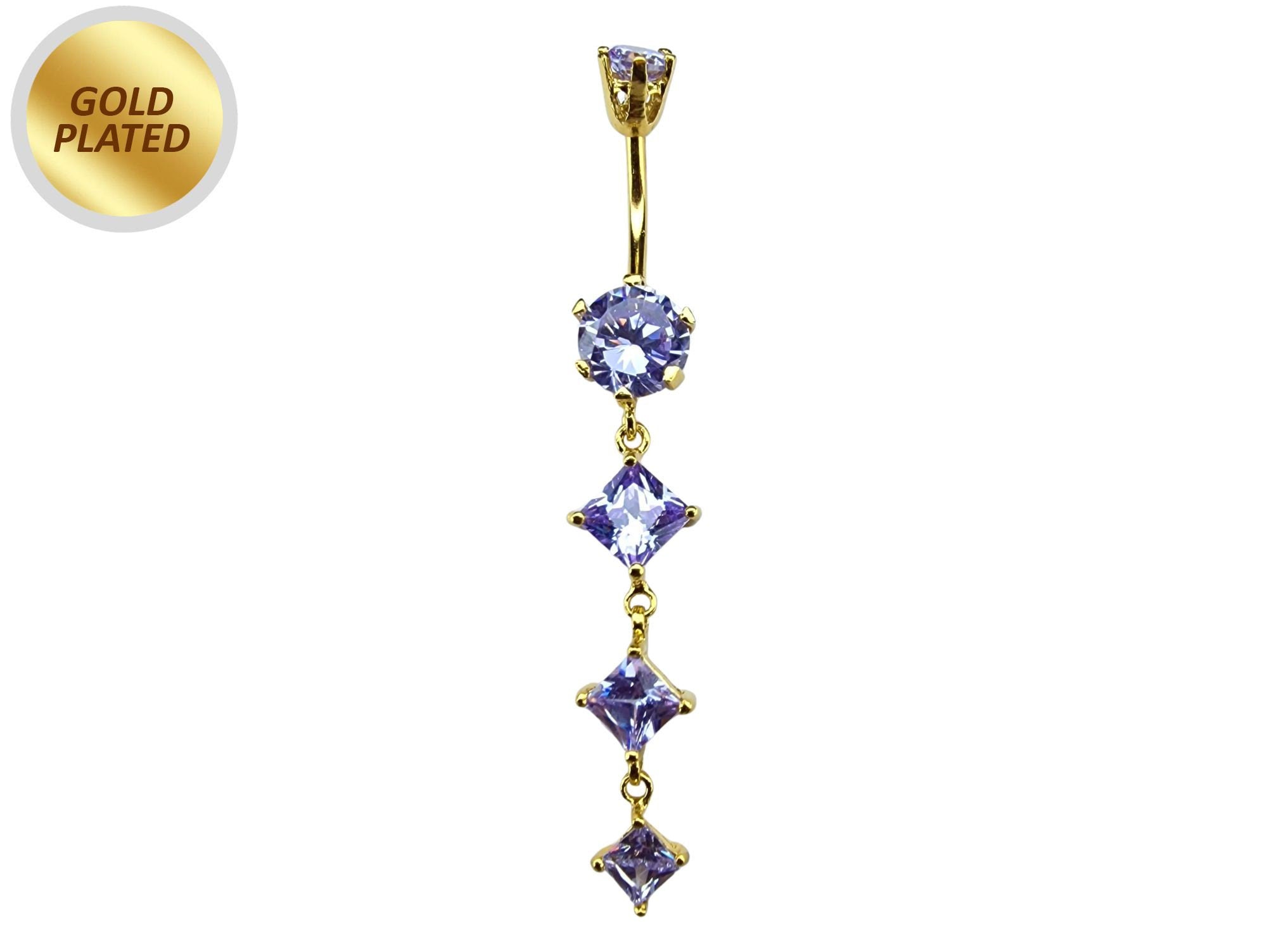 Diamond Shape Dangle Belly Ring - Silver Gold Plated Belly Bar with Crystals - 14G length is 10mm