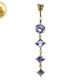 Diamond Shape Dangle Belly Ring - Silver Gold Plated Belly Bar with Crystals - 14G length is 10mm