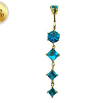 Diamond Shape Dangle Belly Ring - Silver Gold Plated Belly Bar with Crystals - 14G length is 10mm