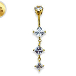 Silver Gold Plated Belly Bar - Dangle Belly Rings with CZ Crystals - 14G length 10mm