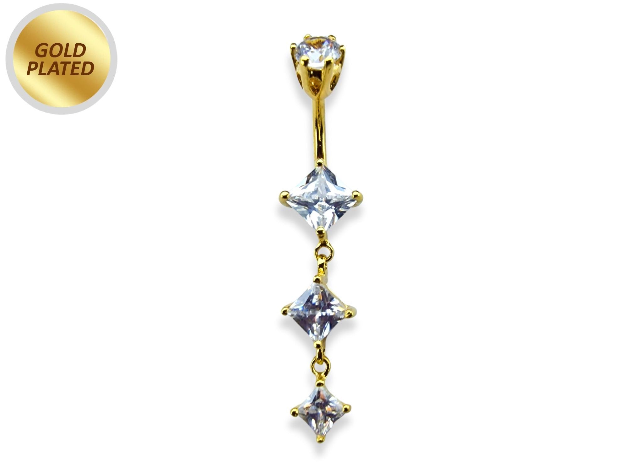 Silver Gold Plated Belly Bar - Dangle Belly Rings with CZ Crystals - 14G length 10mm