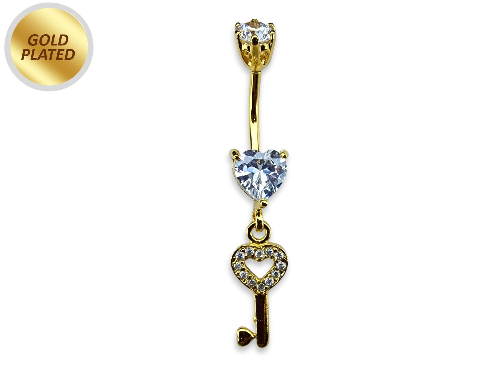 Gold Plated Key Heart Belly Bar Dangle with CZ Crystals - Silver Belly Ring 14G length is 10mm