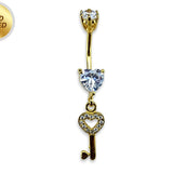 Gold Plated Key Heart Belly Bar Dangle with CZ Crystals - Silver Belly Ring 14G length is 10mm