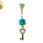 Gold Plated Round Belly Bar with Dangle Key with CZ Crystals - Silver Belly Ring 14G length is 10mm