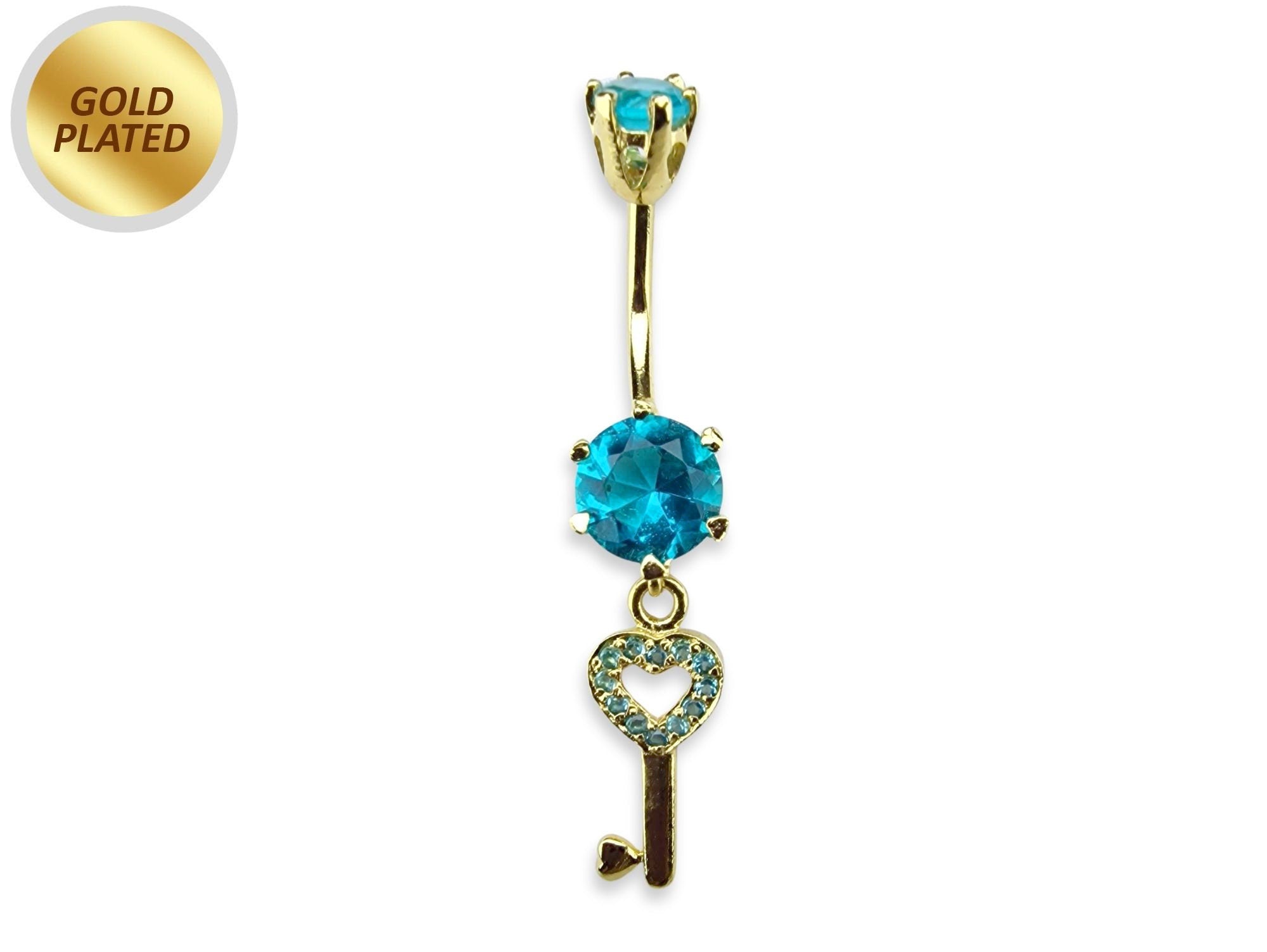 Gold Plated Round Belly Bar with Dangle Key with CZ Crystals - Silver Belly Ring 14G length is 10mm