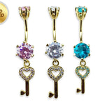 Gold Plated Round Belly Bar with Dangle Key with CZ Crystals - Silver Belly Ring 14G length is 10mm