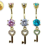 Gold Plated Round Belly Bar with Dangle Key with CZ Crystals - Silver Belly Ring 14G length is 10mm