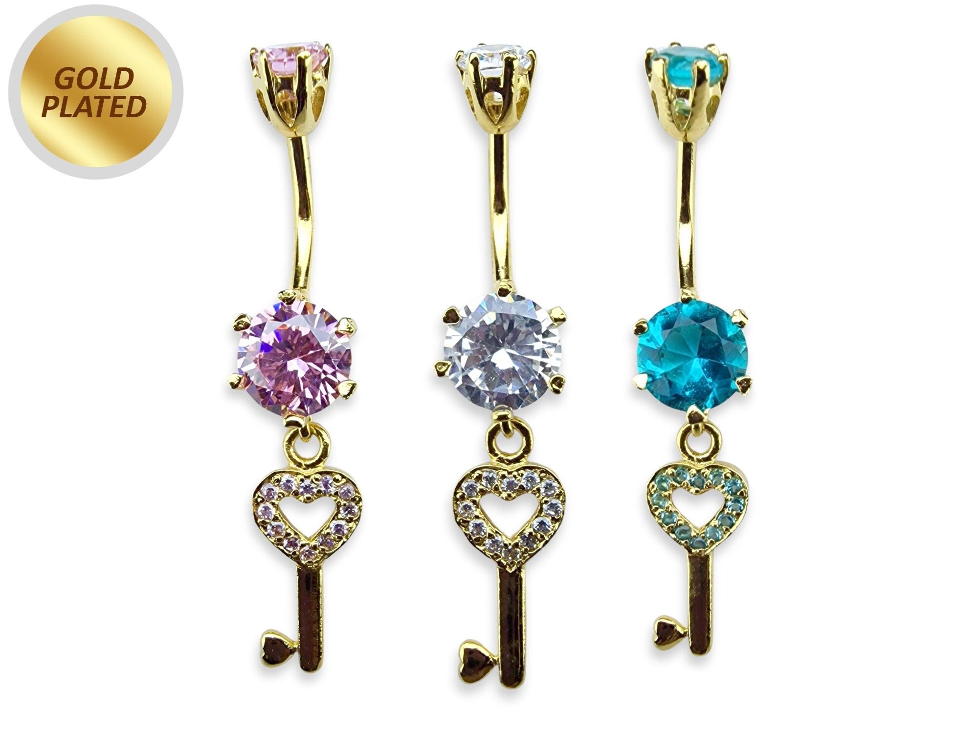 Gold Plated Round Belly Bar with Dangle Key with CZ Crystals - Silver Belly Ring 14G length is 10mm