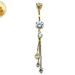 Luxury Dangle Chain Belly Ring, Silver Belly Bars - Gold Plated Round Navel Piercing - 14G length is 10mm