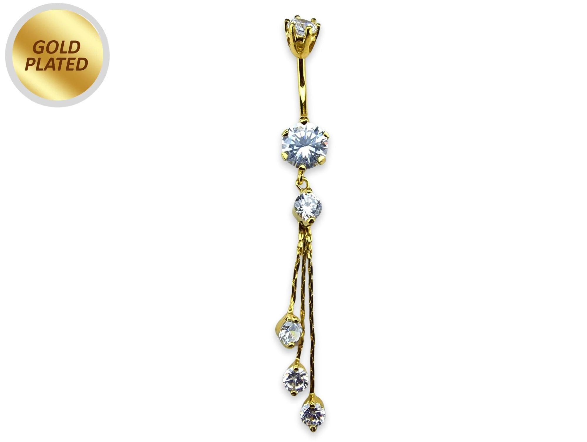 Luxury Dangle Chain Belly Ring, Silver Belly Bars - Gold Plated Round Navel Piercing - 14G length is 10mm