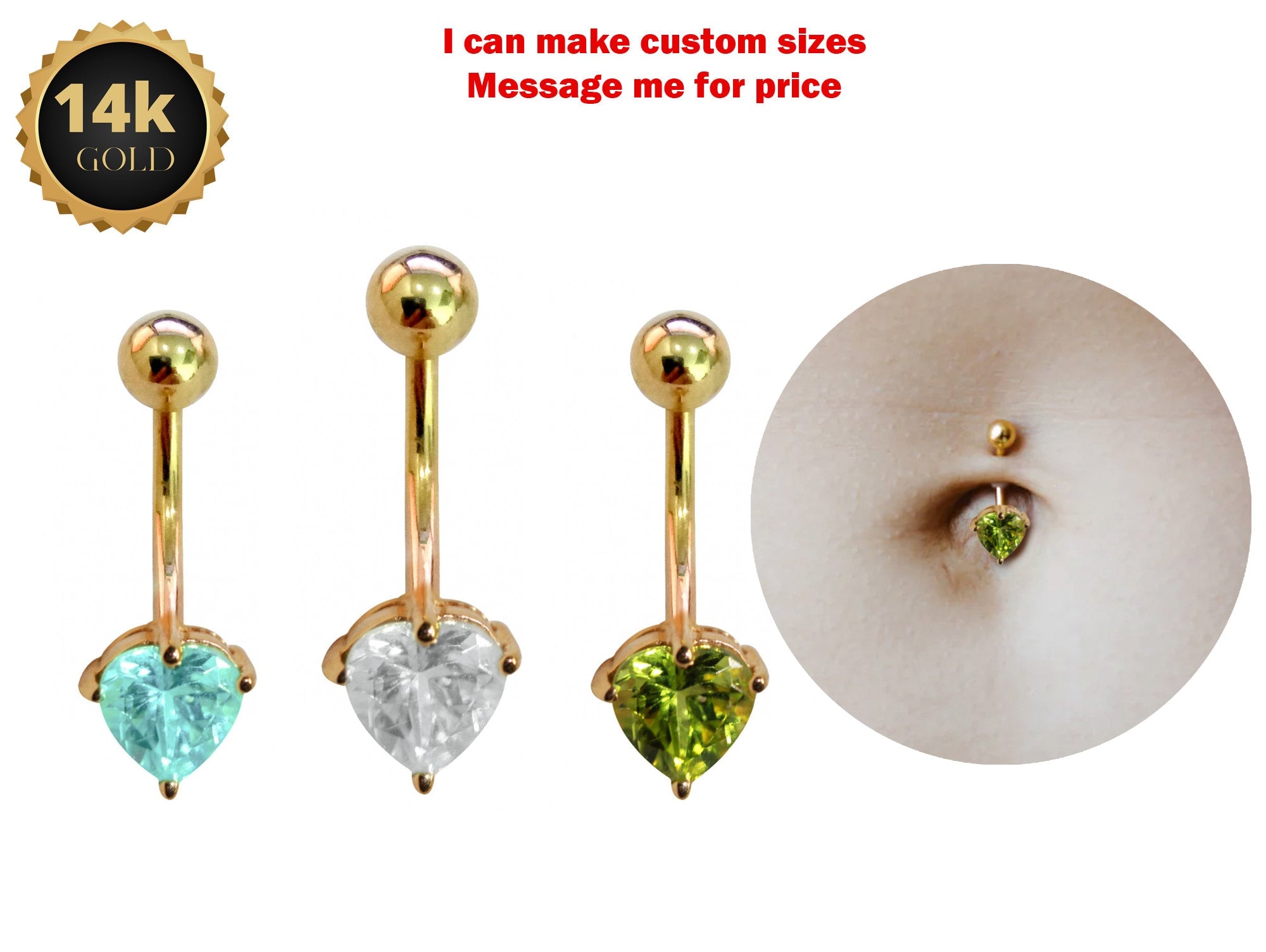 Belly Button Ring comes in a Heart Shape Crystal Belly Ring - Belly Bar - made of 14K Gold Fine Jewelry Hand Set and Hand Polished