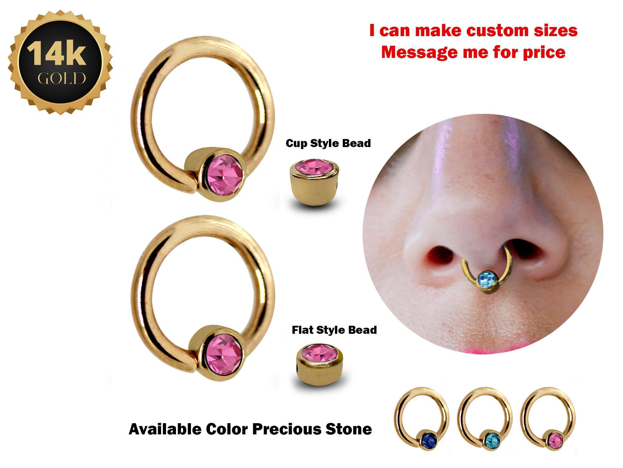 14K Solid Gold Gold Ball Hoop Ring with Cup Bead Septum Piercing - 14K with Precious Stones Piercing for Nipple Jewelry, Rook, Cartilage