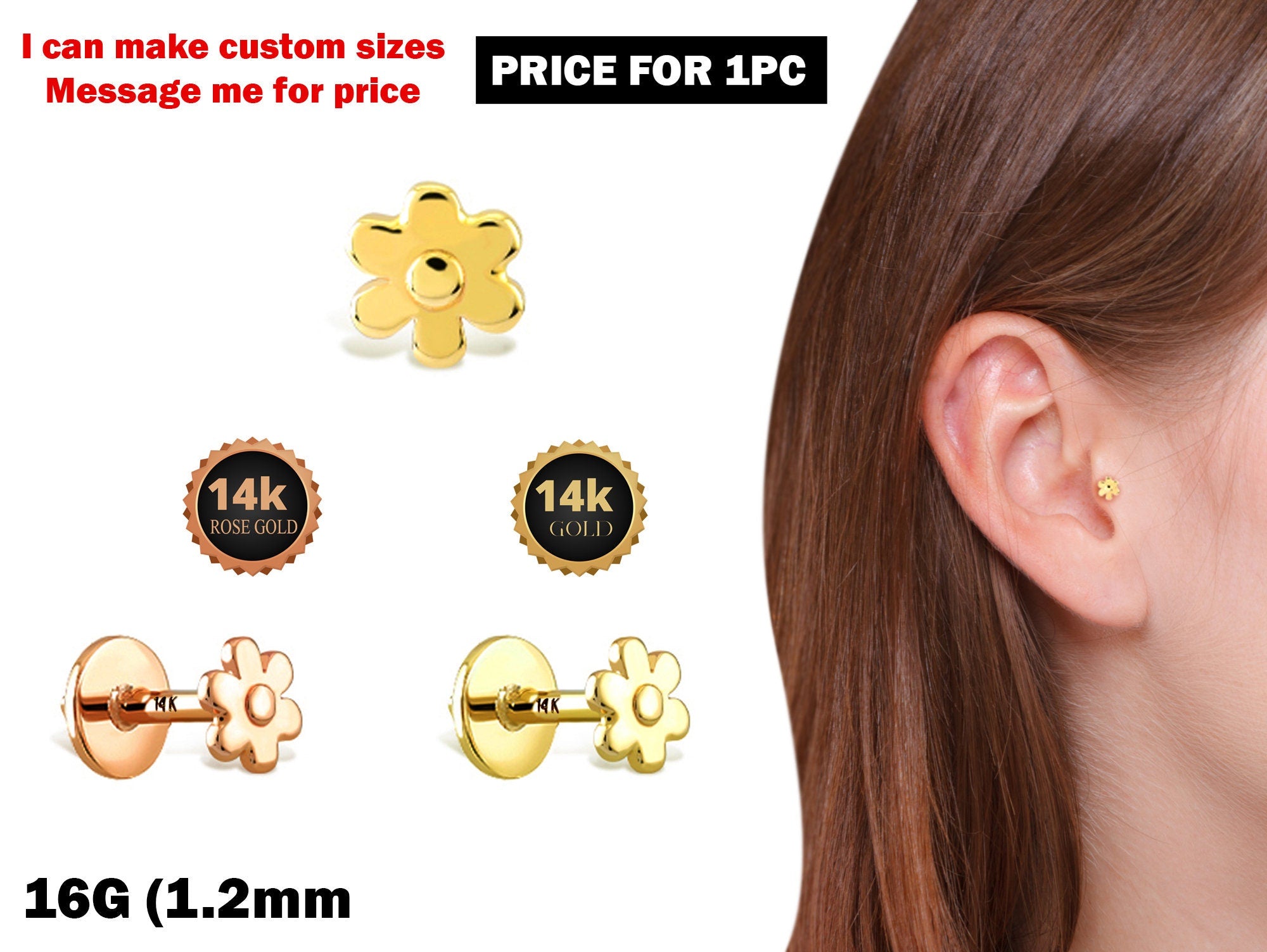 Flower Labret Lip Piercing made from solid 14K Gold and Rose Gold Body Piercing for Tragus, Medusa Lip, Ashley studs Internally Threaded