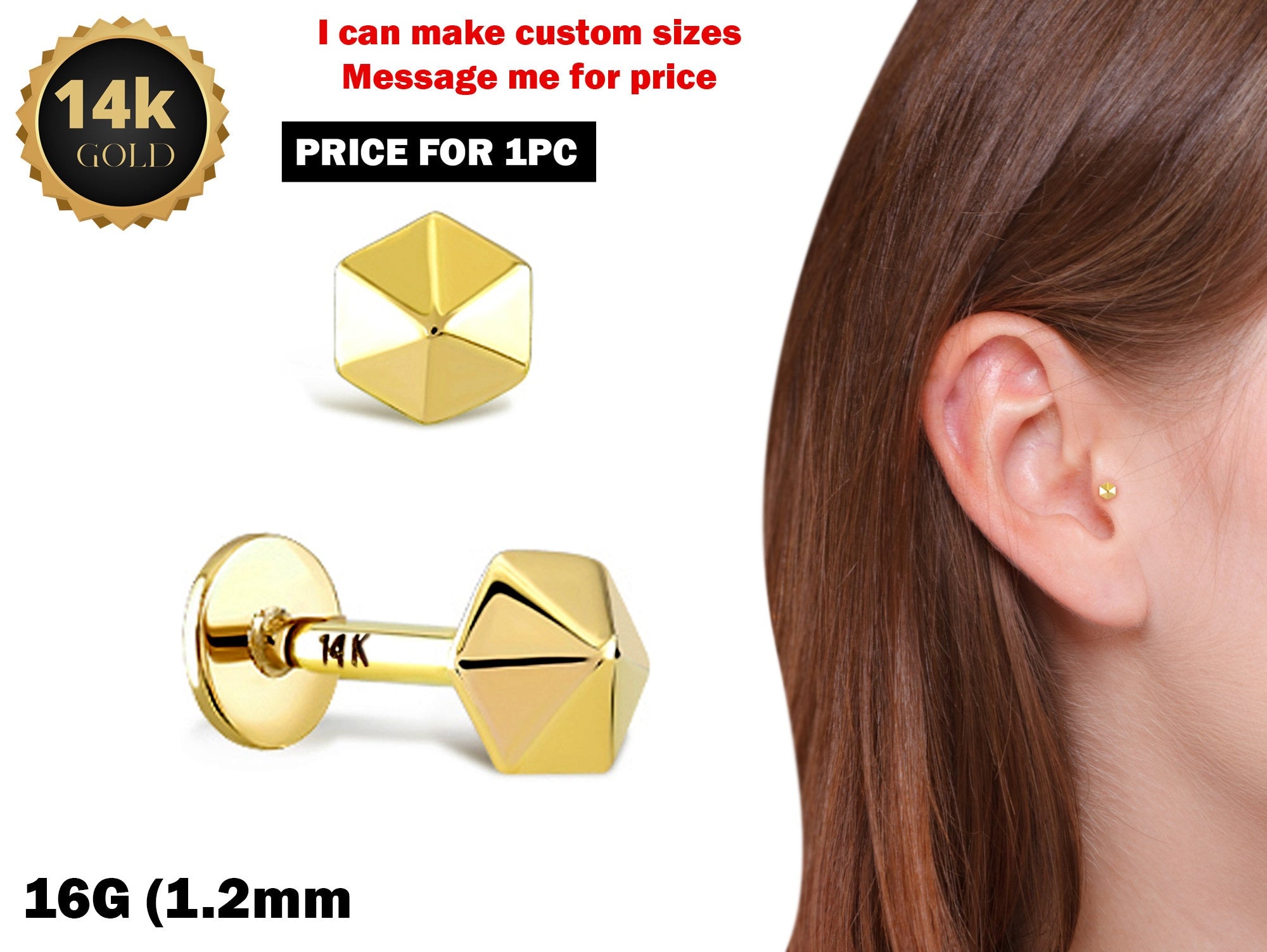 Hexagon Shape 16G Labret Lip Piercing made from solid 14K Gold and Rose Gold Body Piercing for Tragus, Medusa Lip studs Internally Threaded