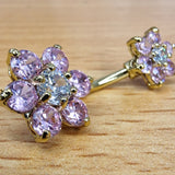 Double Flower Belly Ring, Navel Ring - Silver Gold Plated Belly Bar Crystal Body Jewellery - 14G - Length is 10mm