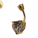 Heart Belly Bar Crystal , Silver Gold Plated Navel Ring with Side Designs - 14G Length is 10mm