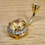 Round Belly Button Ring, Silver Belly Bars with Crystal Settings - Gold Plated Belly Ring 14G Length is 10mm
