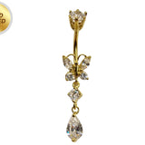 Gold Plated Butterfly Belly Ring, Silver Drop Dangle Belly Bars with CZ Crystals - 14G Length is 10mm