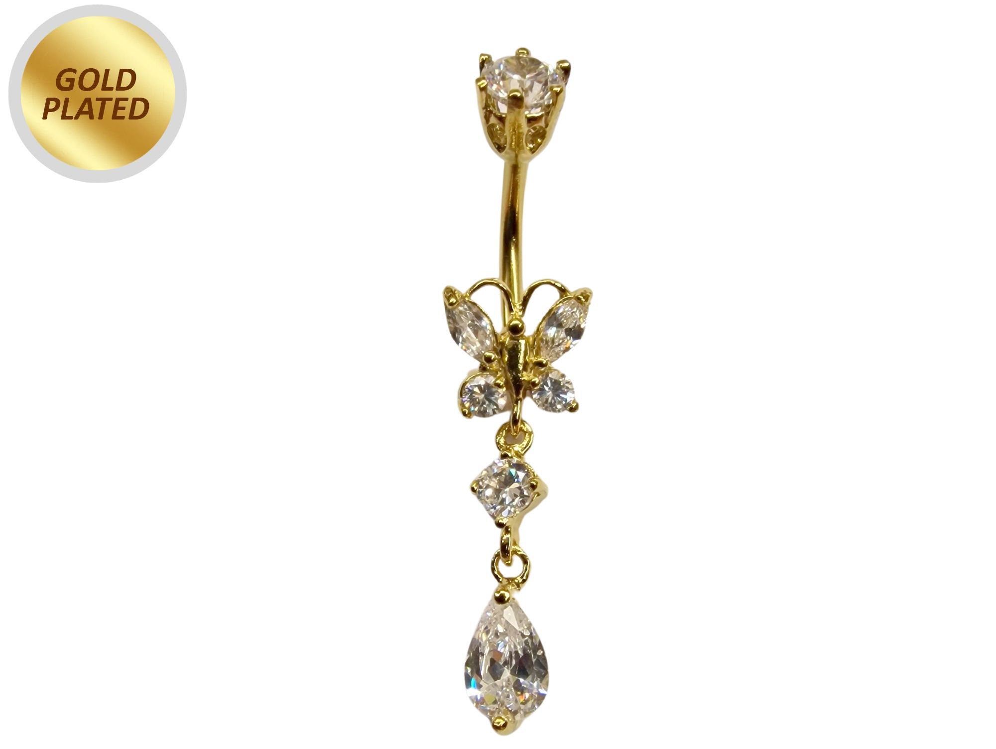 Gold Plated Butterfly Belly Ring, Silver Drop Dangle Belly Bars with CZ Crystals - 14G Length is 10mm