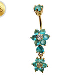 Gold Plated Double Flower Dangle Belly Button Ring, Silver Belly Bars with CZ Crystals - 14G Length is 10mm