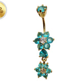 Gold Plated Double Flower Dangle Belly Button Ring, Silver Belly Bars with CZ Crystals - 14G Length is 10mm