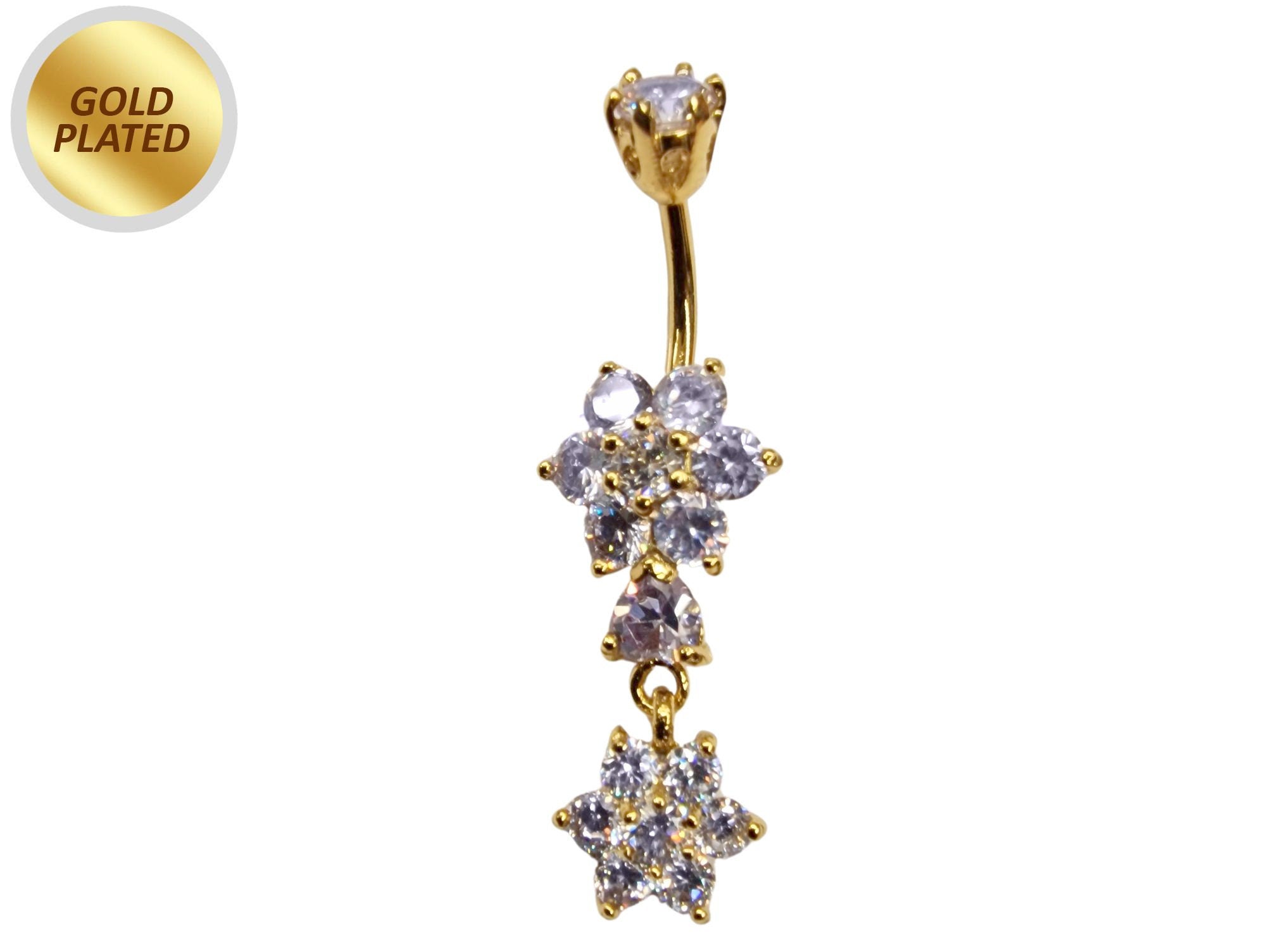 Gold Plated Double Flower Dangle Belly Button Ring, Silver Belly Bars with CZ Crystals - 14G Length is 10mm