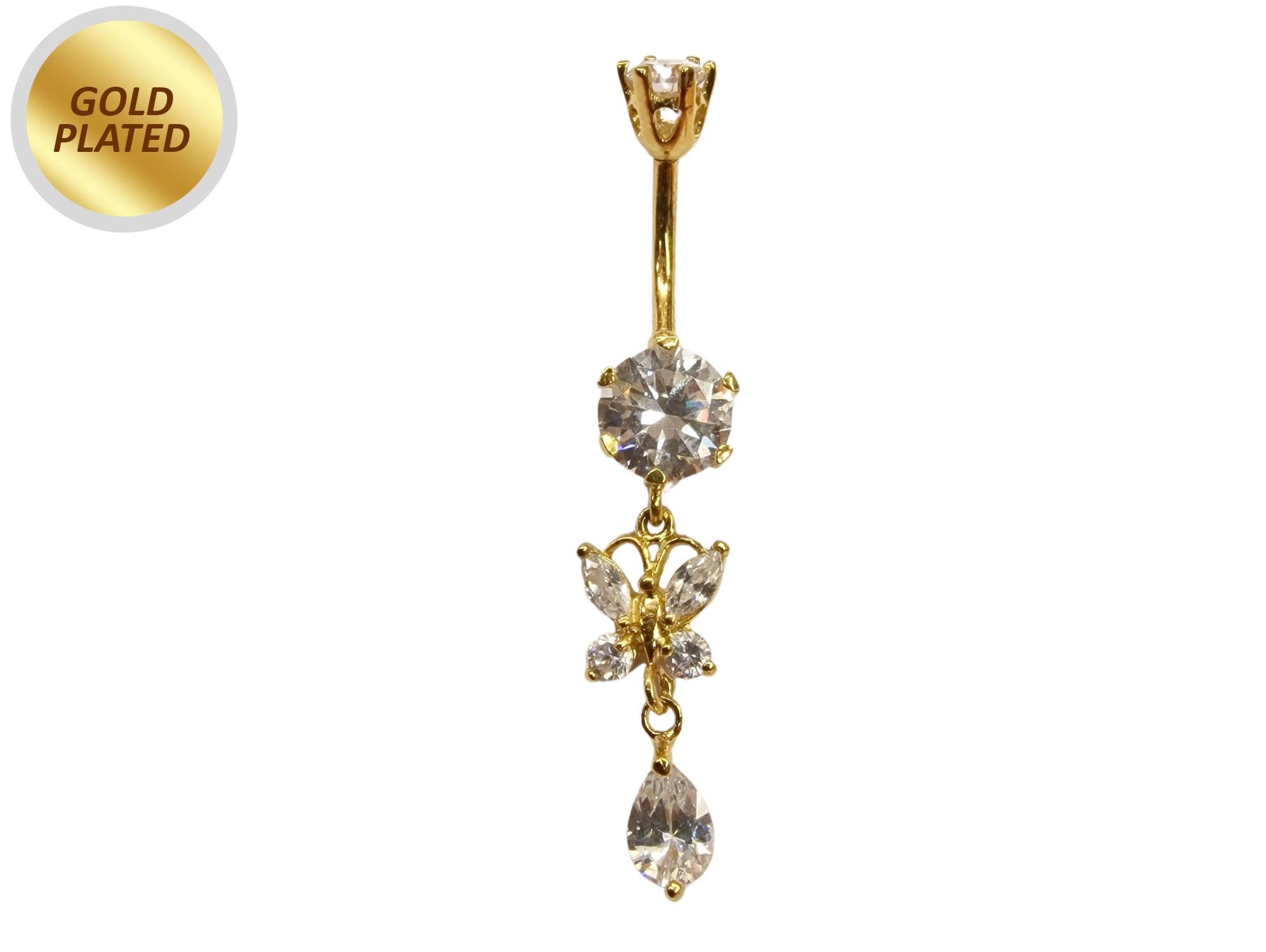 Gold Plated Butterfly Dangle Belly Button Ring, Silver Belly Bars with CZ Crystals - 14G (1.6mm)