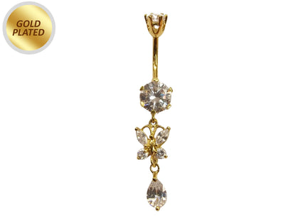 Gold Plated Butterfly Dangle Belly Button Ring, Silver Belly Bars with CZ Crystals - 14G (1.6mm)