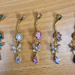 Gold Plated Butterfly Dangle Belly Button Ring, Silver Belly Bars with CZ Crystals - 14G (1.6mm)