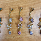 Gold Plated Butterfly Dangle Belly Button Ring, Silver Belly Bars with CZ Crystals - 14G (1.6mm)