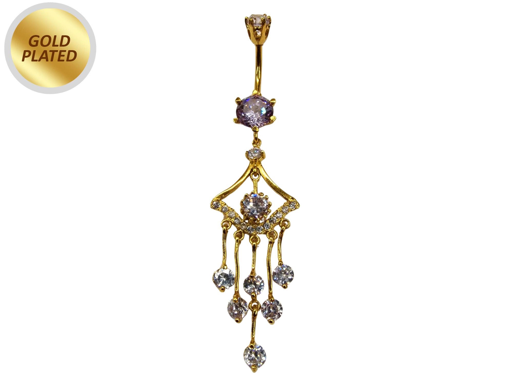 Gold Plated Long Dangle Belly Button Ring, Silver Belly Bars with CZ Crystals Sets - 14G Length is 10mm