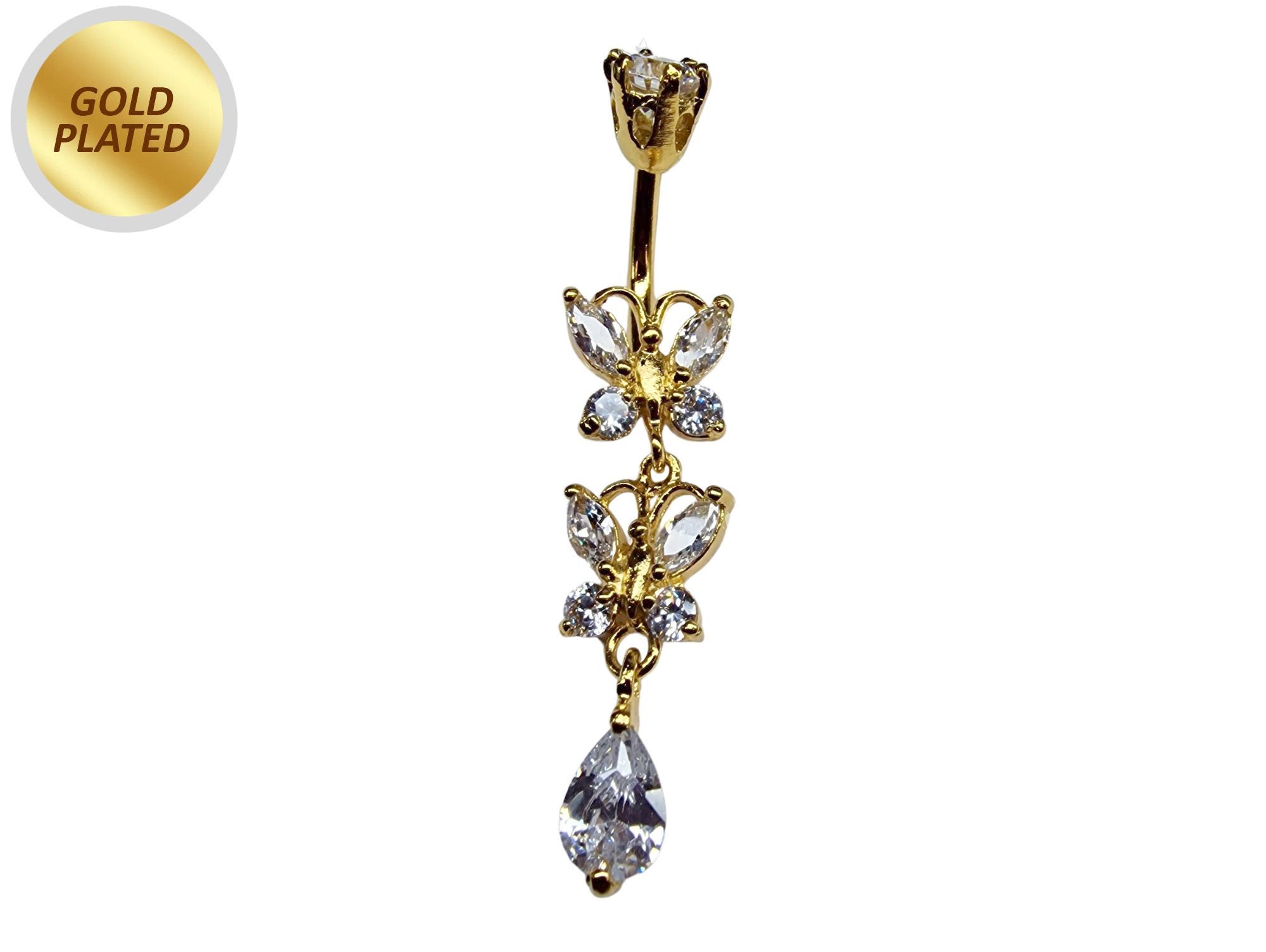 Double Butterfly Dangle Gold Plated Belly Bar, Belly Ring with Crystals - Beautiful Unique Design Navel Piercing - 14G length is 10mm