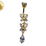 Double Butterfly Dangle Gold Plated Belly Bar, Belly Ring with Crystals - Beautiful Unique Design Navel Piercing - 14G length is 10mm