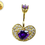 Heart Belly Ring Studded with CZ Crystals - Silver Belly Bar in Gold Plating - 14G Length is 10mm