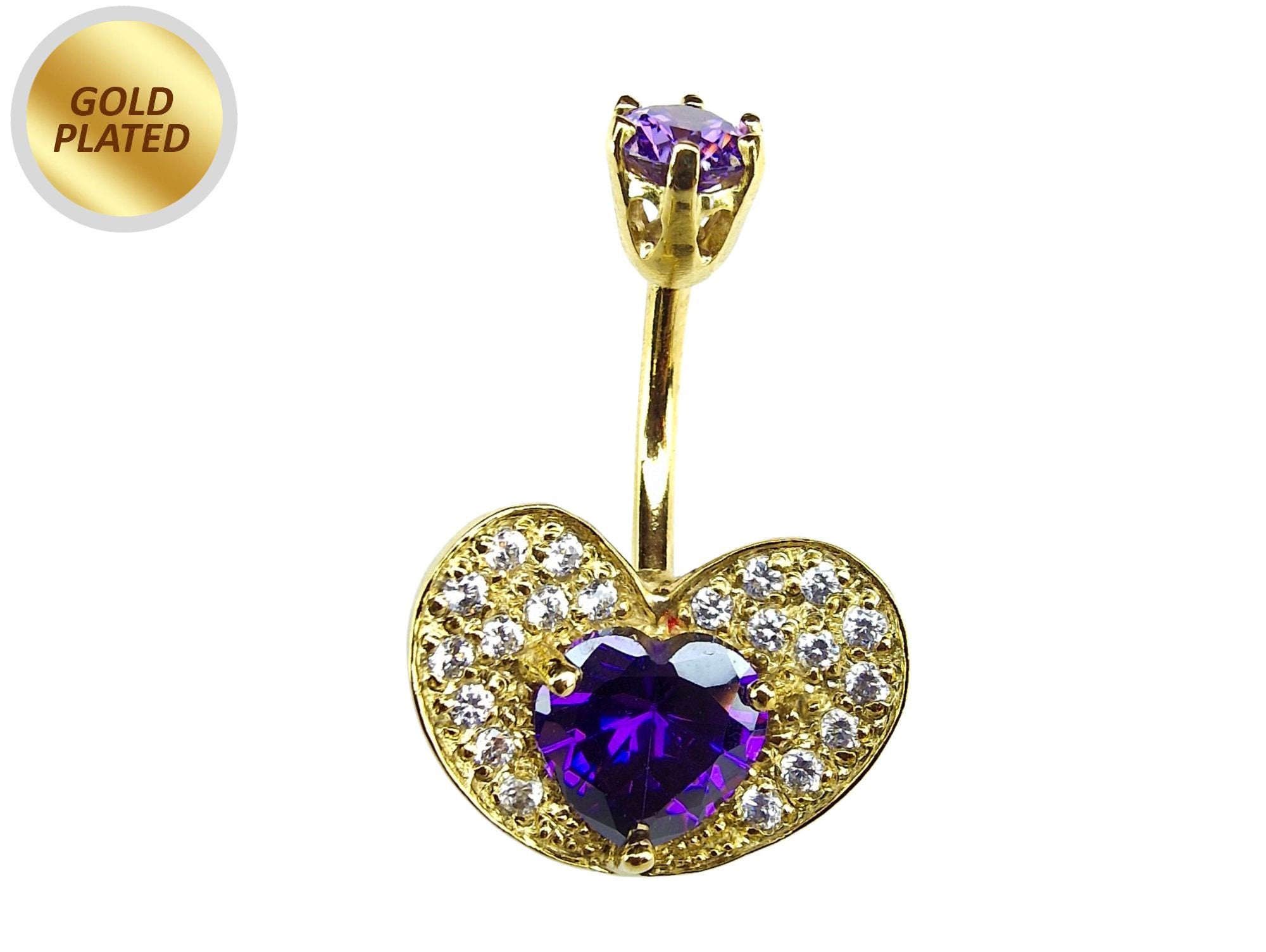 Heart Belly Ring Studded with CZ Crystals - Silver Belly Bar in Gold Plating - 14G Length is 10mm