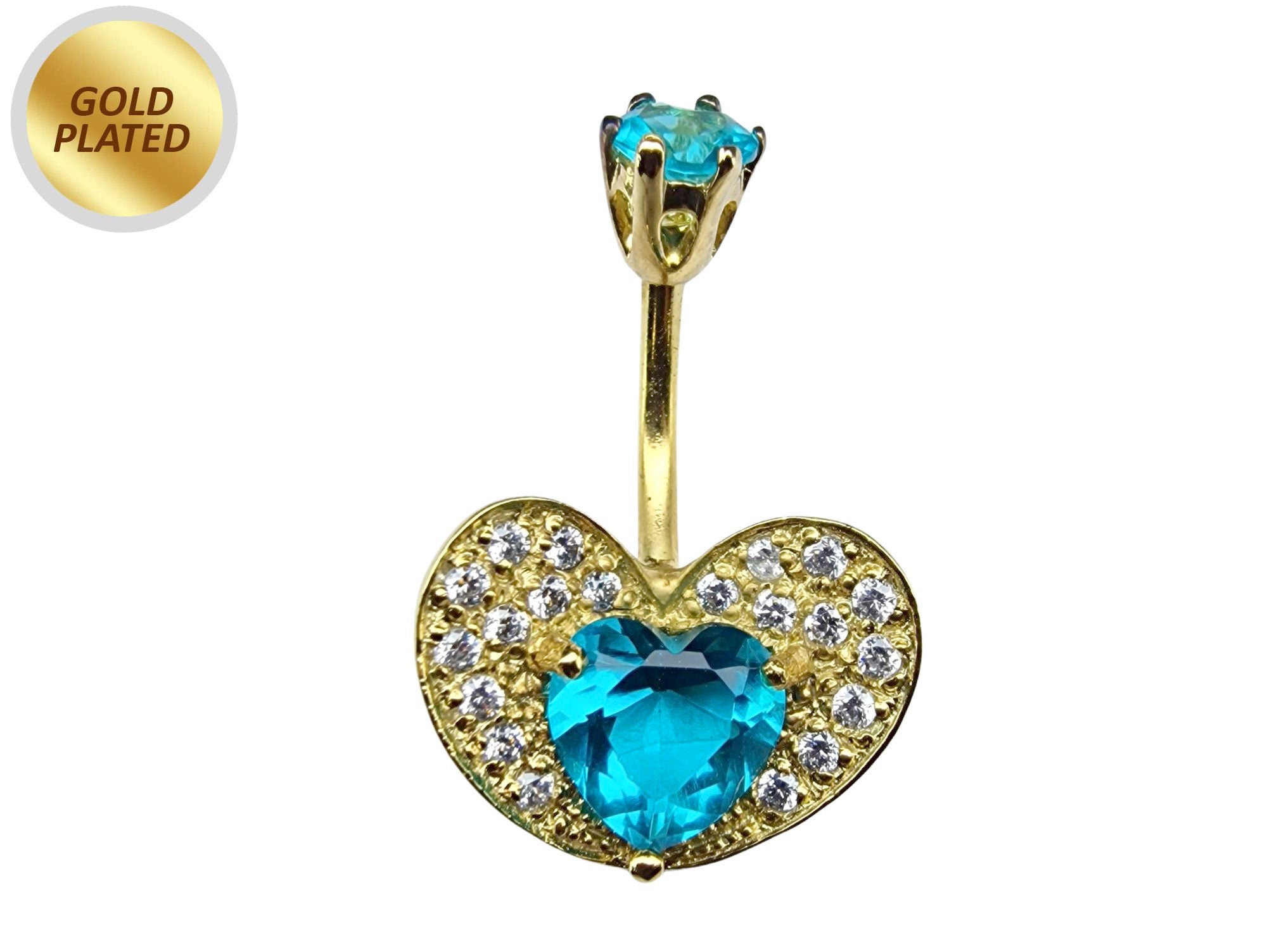 Heart Belly Ring Studded with CZ Crystals - Silver Belly Bar in Gold Plating - 14G Length is 10mm