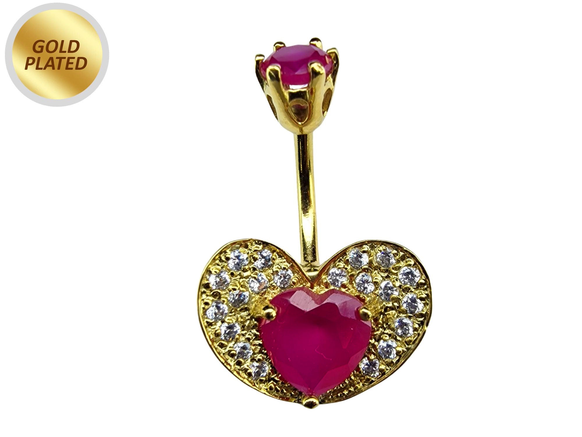 Heart Belly Ring Studded with CZ Crystals - Silver Belly Bar in Gold Plating - 14G Length is 10mm